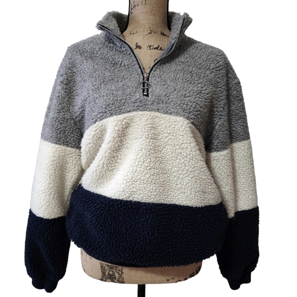 Ambiance Sherpa Colorblock Quarter Zip Mock Turtleneck Pullover - Medium